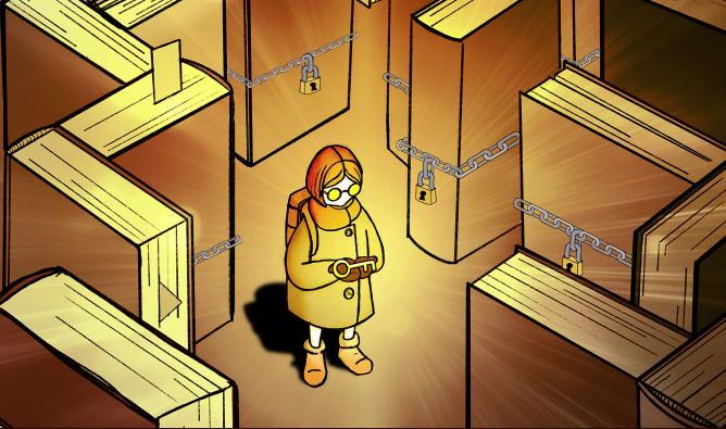 A girl is lost in a maze of giant locked books. She holds the key that will unlock the freedom to read.