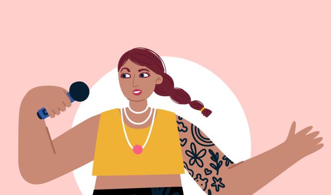 An illustration depicts a female standup comic with brown skin and brown braided hair speaking into a microphone. She wears a gold sleeveless crop top, a black skirt and necklaces. She has black line art tattoos on one arm.