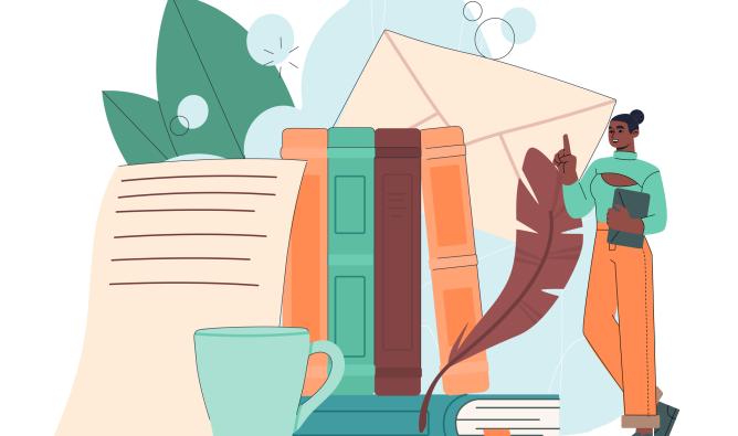 A poetry-themed illustration depicts a young woman immersed in a world of books and letters. Plant leaves, a coffee cup and a quill pen are visible.