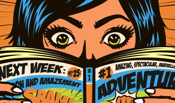 A comic-style image depicts an astonished woman with black hair reading a comic book.