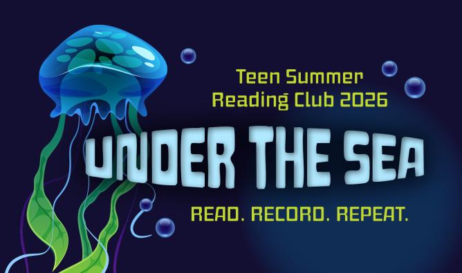 A promotional image for FVRL's Teen Summer Reading Club 2026 depicts a blue jellyfish with green spots and tentacles. 