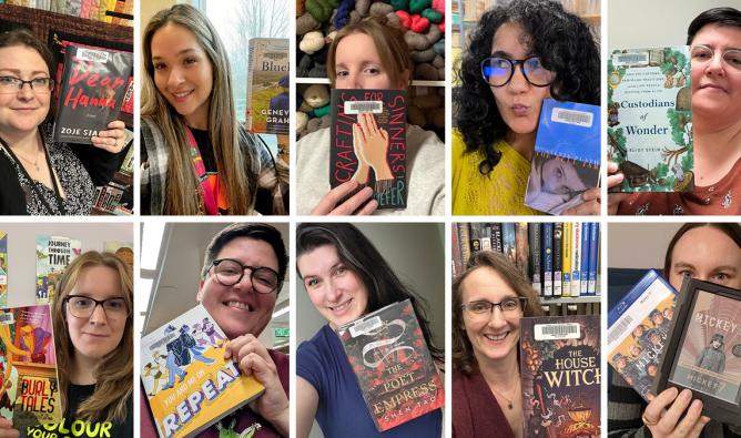A montage of the FVRL Reading Advisers posing with their Wednesday book suggestions.