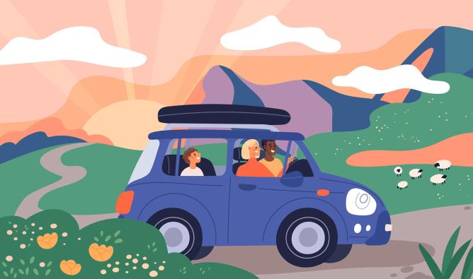 A family of two parents and their son drive a blue car through a beautiful landscape. The setting includes a sunset, mountains and grazing sheep.