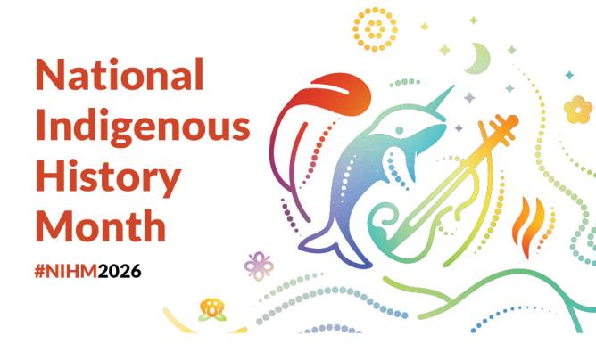 A promotional image for National Indigenous History Month 2026, featuring abstract drawings of a feather, a narwhal and a fiddle, representing First Nations, Inuit and Métis Peoples.