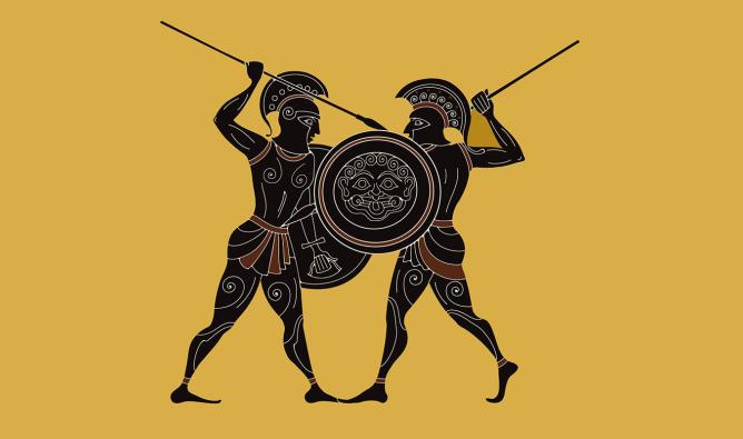 Two ancient Greek warriors battle each other with spears and shields.