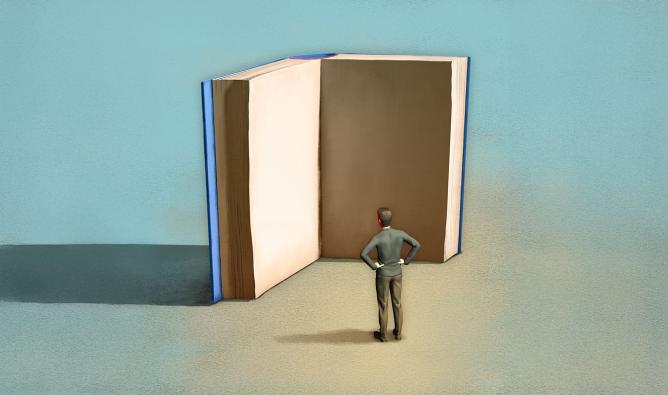 A surreal illustration depicts a man staring into a giant book.