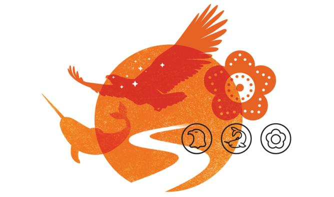 A promotional graphic for the National Day of Truth and Reconciliation feature abstract illustrations of an eagle, a narwhal and a beaded flower, which represent First Nations, Inuit and Métis cultures respectively.
