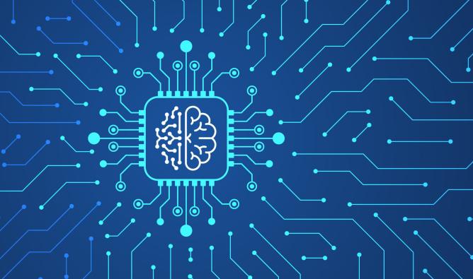 An abstract illustration of a human brain and electronic circuitry. 