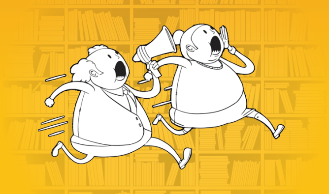 Illustration of cartoon librarians running and yelling with a bookshelf in the background.