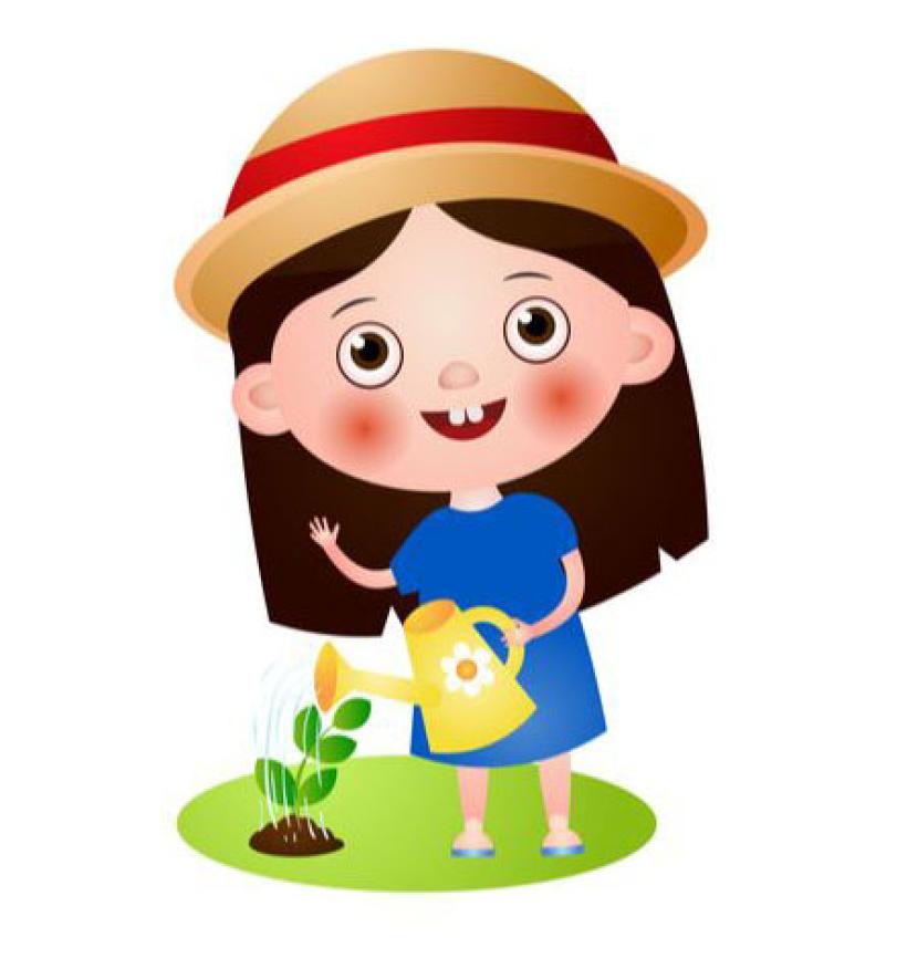 A little girl waters a plant with a watering can. 