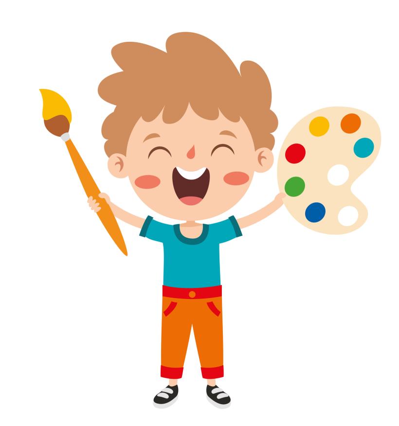 A happy young boy holds a paint brush and a paint palette.
