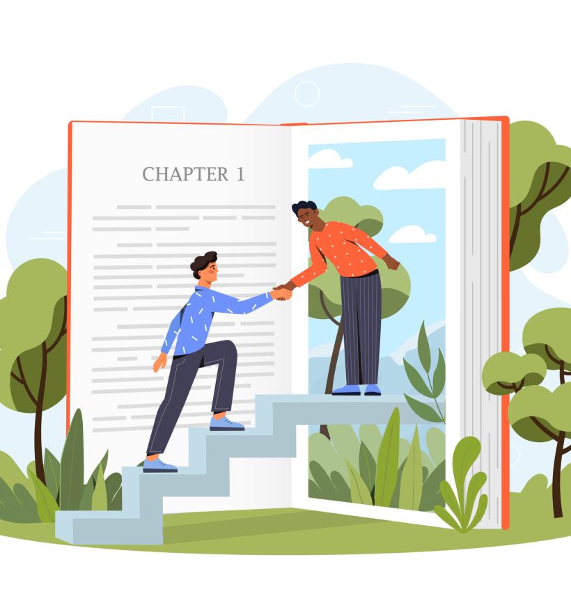 Inside book concept. Man helps young guy up stairs. Metaphor of fantasy and imagination, fiction literature and love for reading. 