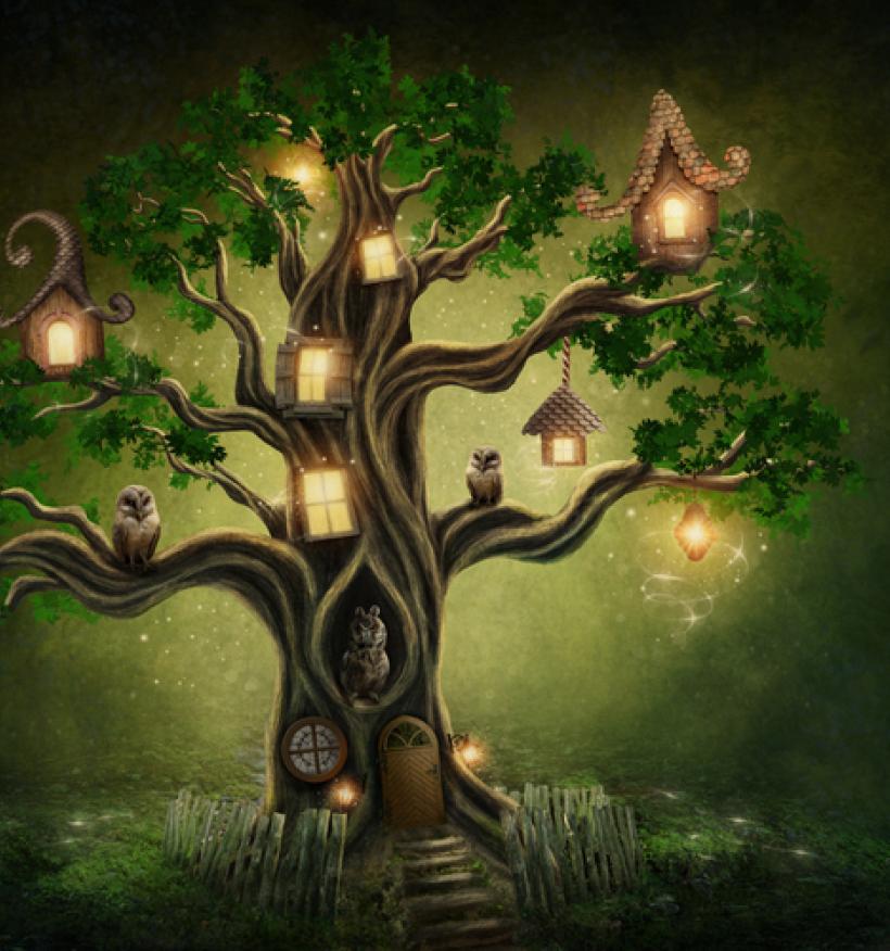A magical tree at night is illuminated by miniature house. Owls are seen perched on tree branches.