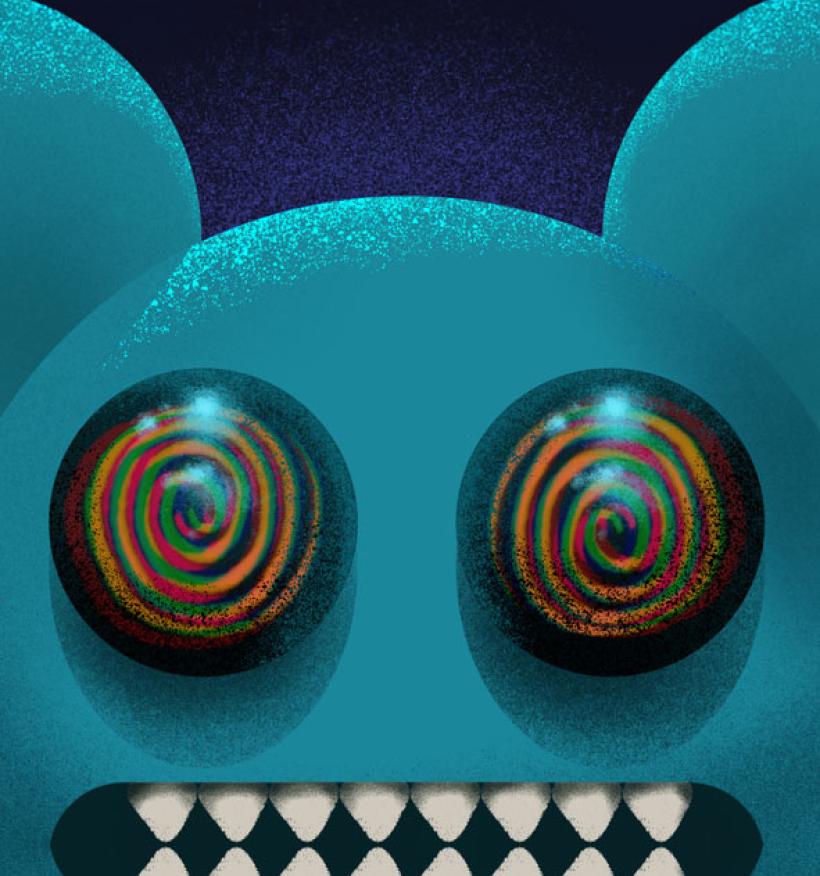 A scary blue monster has bulging red eyes and sharp white teeth.