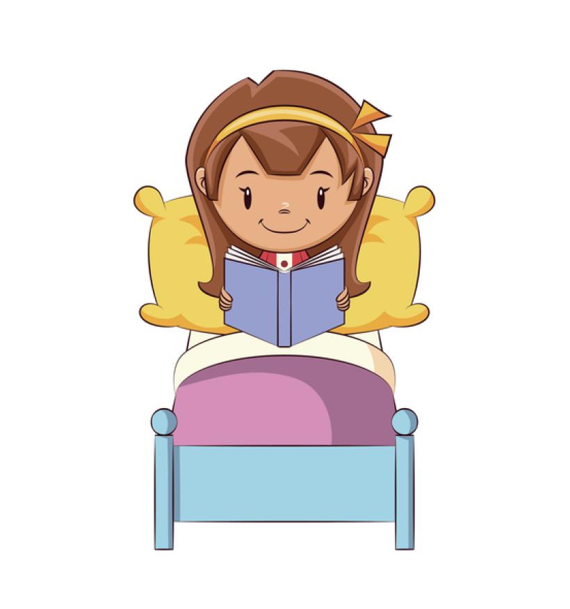 A young girl reads a book in bed.