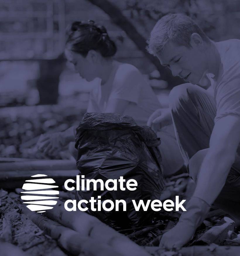 Climate Action Week: a young woman and a young man pick up garbage from a polluted beach.