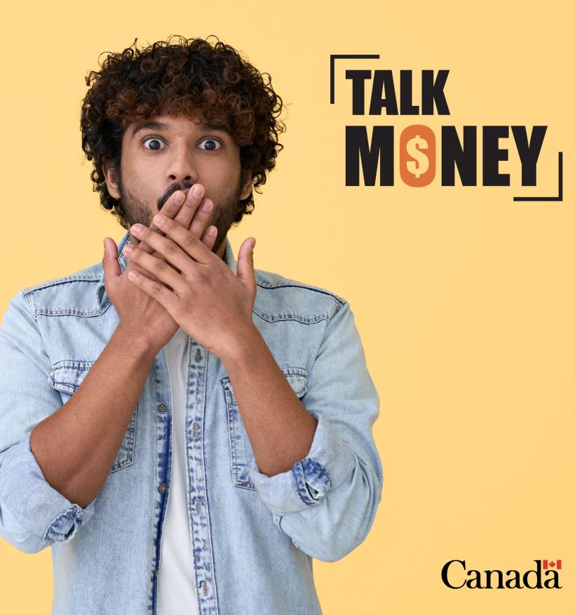 Financial Literacy Month branding with the tagline "Talk Money." A young man looks surprised; he covers his mouth with his hands.