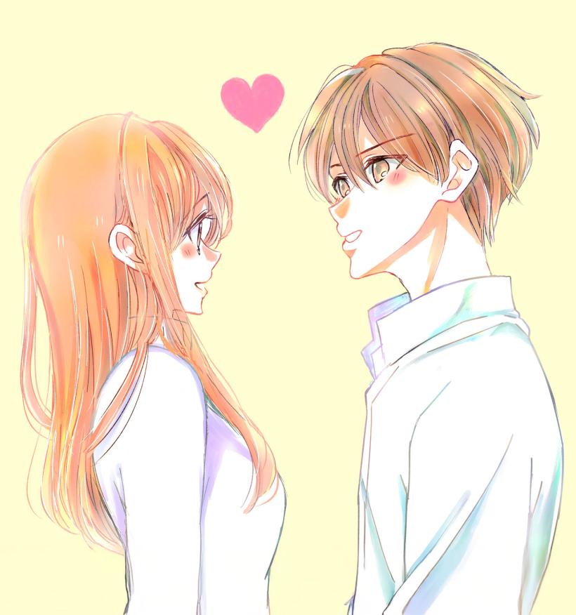 A young woman and a young man look into each other's eyes. A pink heart floats in the space between them.