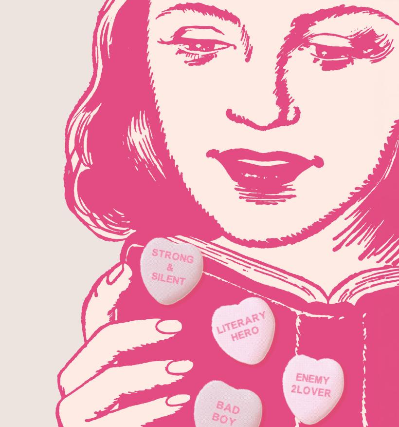 An abstract illustration of a woman reading a book. Candy hearts are visible with the messages "STRONG & SILENT," "LITERARY HERO," "BAD BOY" and "ENEMY 2LOVER."
