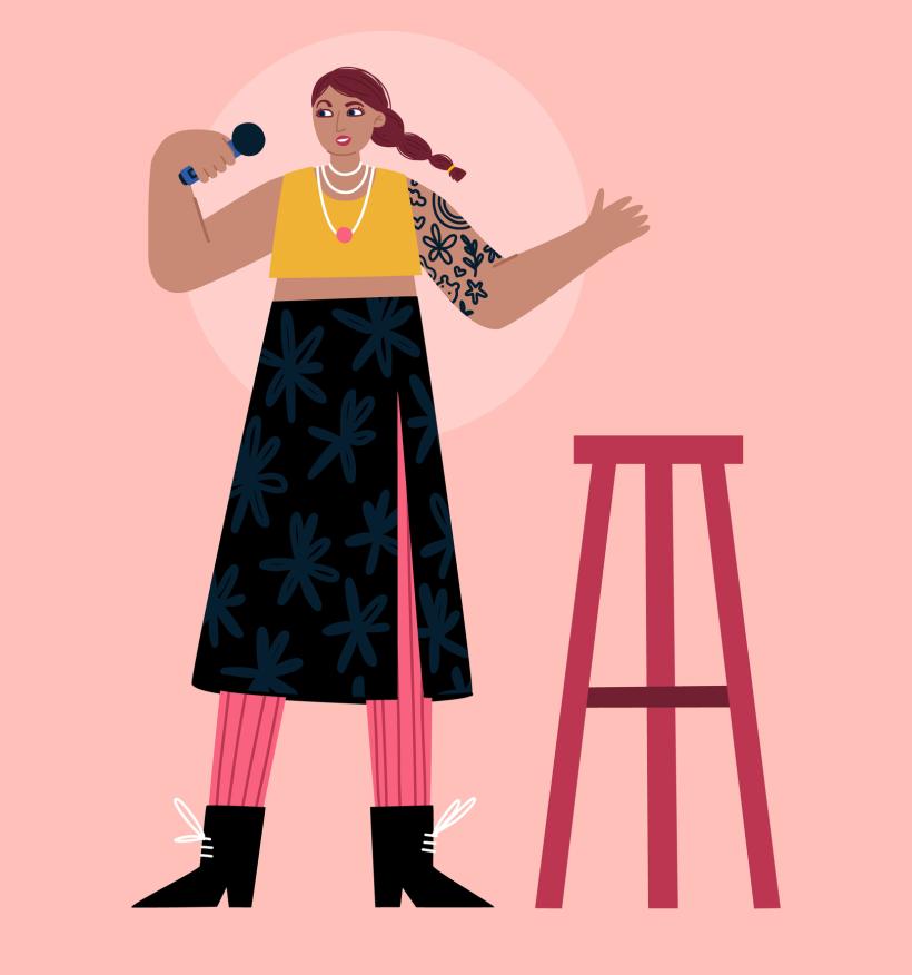 An illustration depicts a female standup comic with brown skin and brown braided hair speaking into a microphone. She wears a gold sleeveless crop top, a black skirt and necklaces. She has black line art tattoos on one arm.