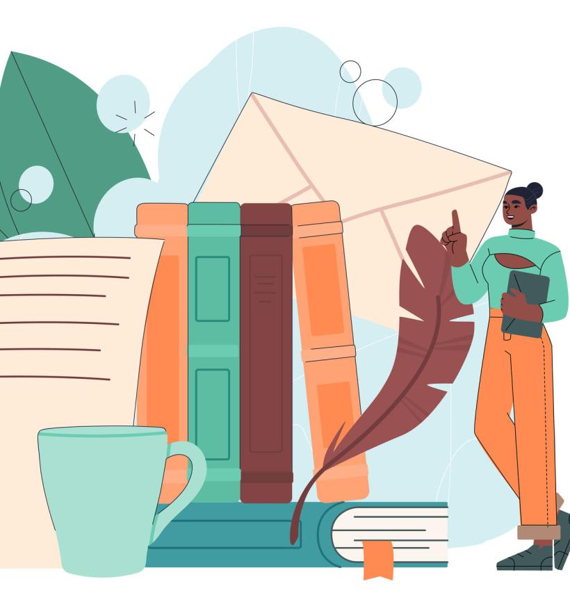 A poetry-themed illustration depicts a young woman immersed in a world of books and letters. Plant leaves, a coffee cup and a quill pen are visible.