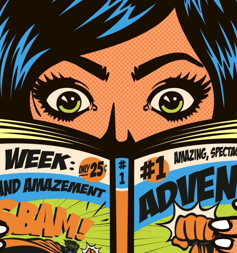 A comic-style image depicts an astonished woman with black hair reading a comic book.