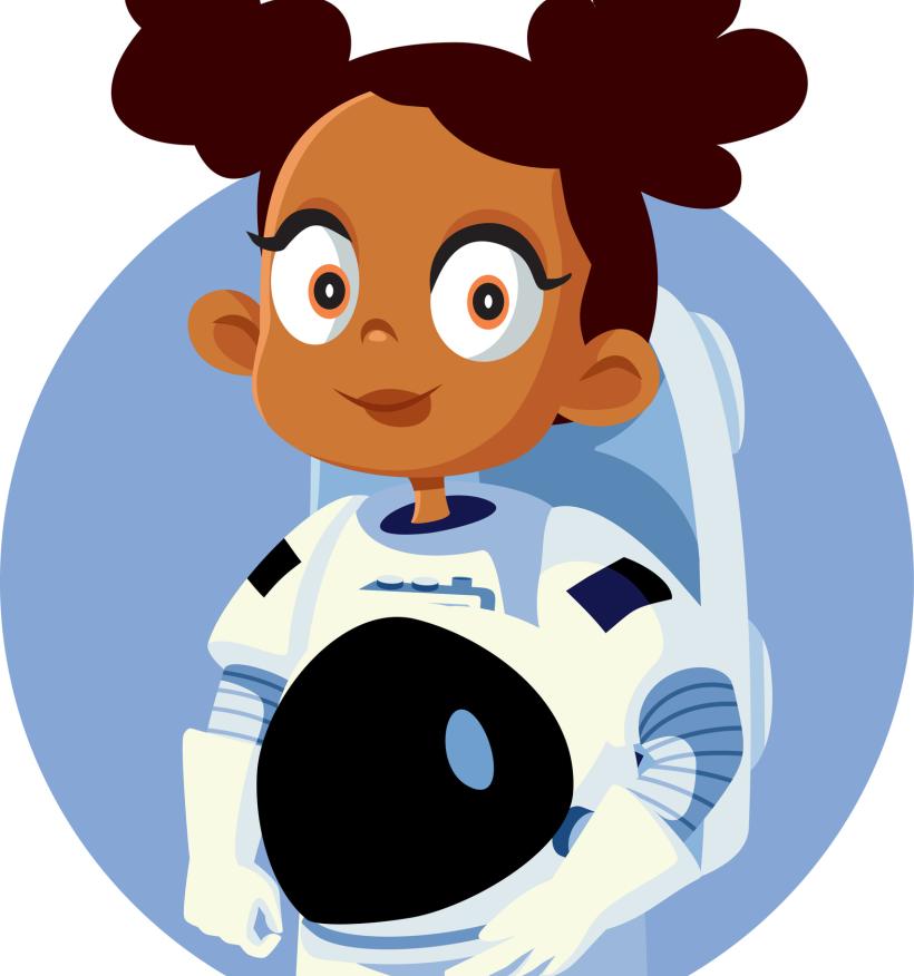 A little girl wears an astronaut suit. 