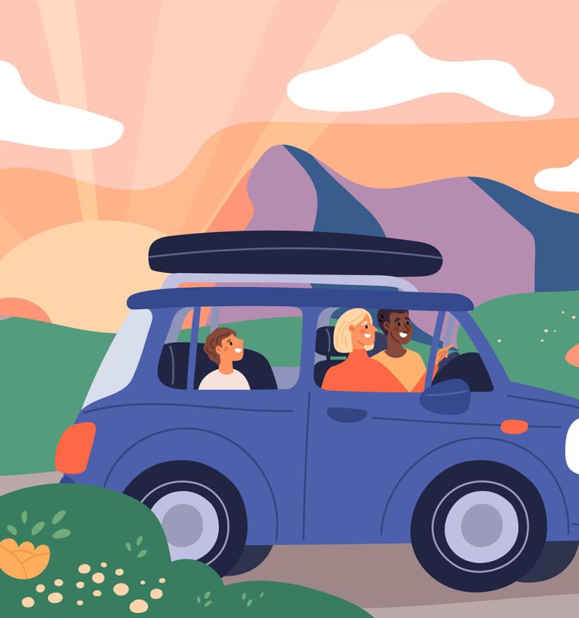 A family of two parents and their son drive a blue car through a beautiful landscape. The setting includes a sunset, mountains and grazing sheep.
