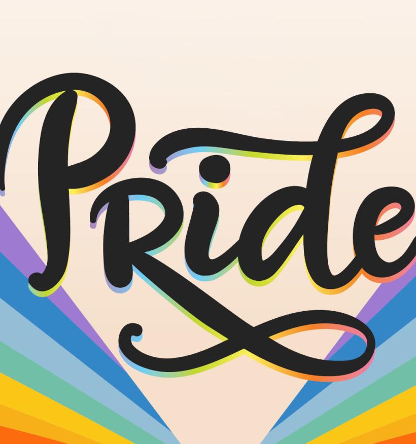 A Pride Month graphic with decorative rainbow stripes.