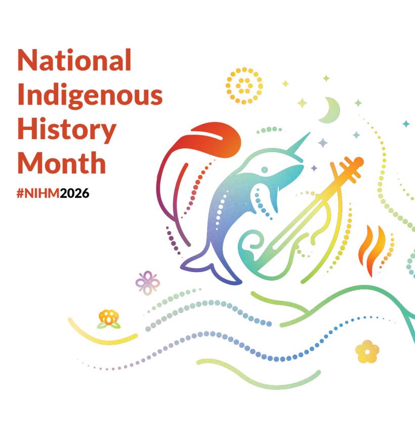 A promotional image for National Indigenous History Month 2026, featuring abstract drawings of a feather, a narwhal and a fiddle, representing First Nations, Inuit and Métis Peoples.