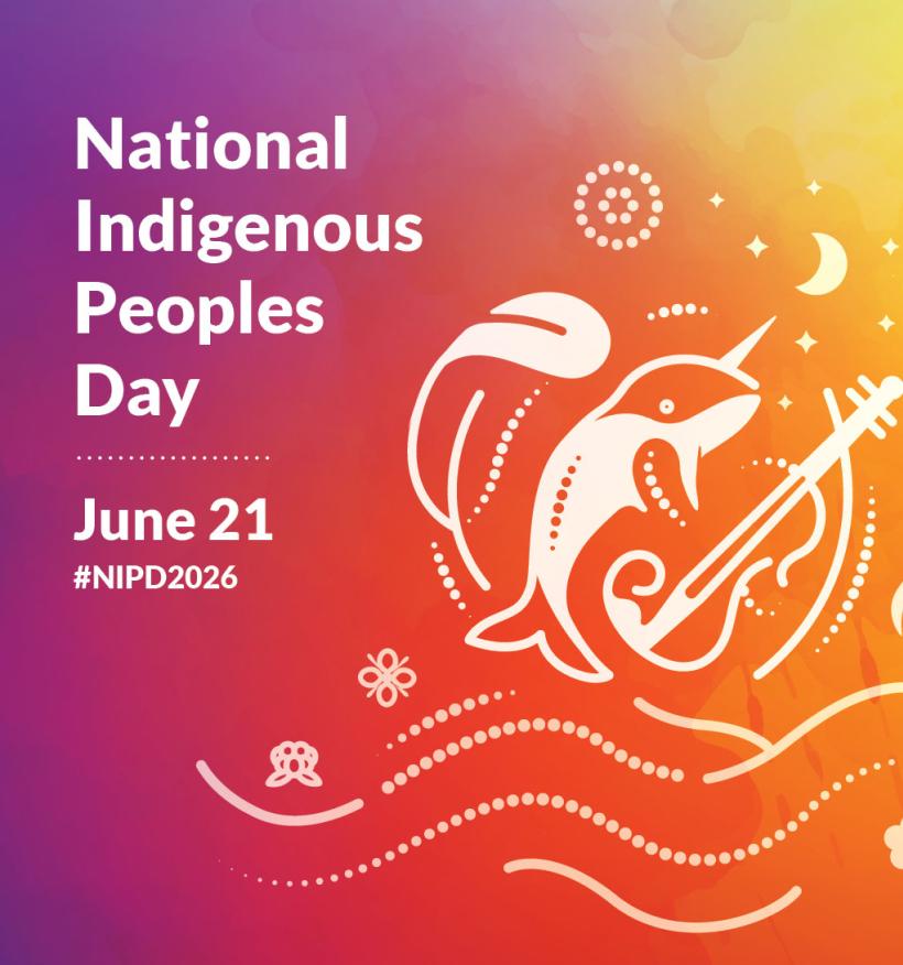 An promotional graphic for National Indigenous Peoples Day, June 21, features abstract drawings of a feather, a narwhal and a fiddle, representing First Nations, Inuit and Métis peoples.