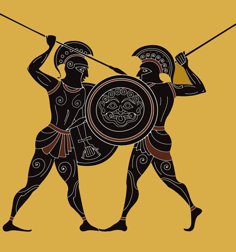 Two ancient Greek warriors battle each other with spears and shields.