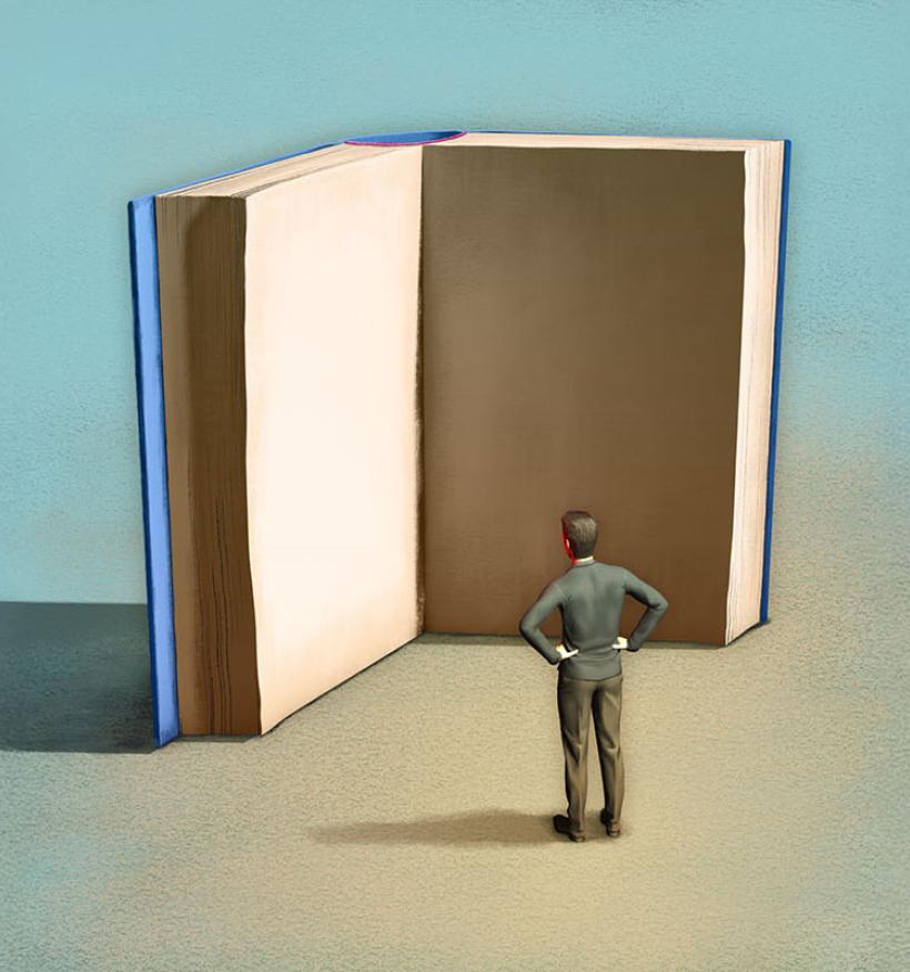 A surreal illustration depicts a man staring into a giant book.