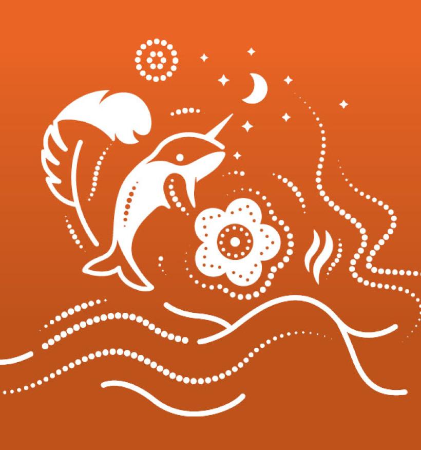 A promotional image for The National Day for Truth and Reconciliation features a feather, a narwhal, and a flower. Each symbol represents the distinct cultures of First Nations, Inuit and Métis communities, brought together in a circular flowing composition to reflect the connection between the groups.
